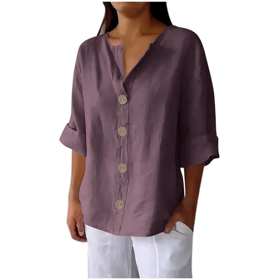 Womens Plus Size Cotton Linen Blouses 3/4 Sleeve Button down Shirts Summer Casual Drop Shoulder Dressy Casual Tops Bronze, 4XL