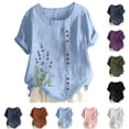 thumbnail image 1 of Womens Plus Size Cotton Linen Button Shirts Dressy Casual Short Sleeve Round Neck Tops Summer Trendy Floral Print Relax Fit Blouse, 1 of 5
