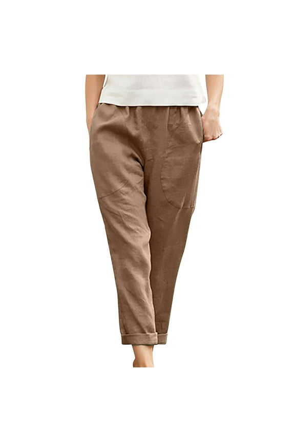 Womens Plus Size Cotton Linen Pants with Pockets Elastic Waist Wide Leg Loose Lounge Trousers Sweatpants S-5XL (5X-Large, Khaki)