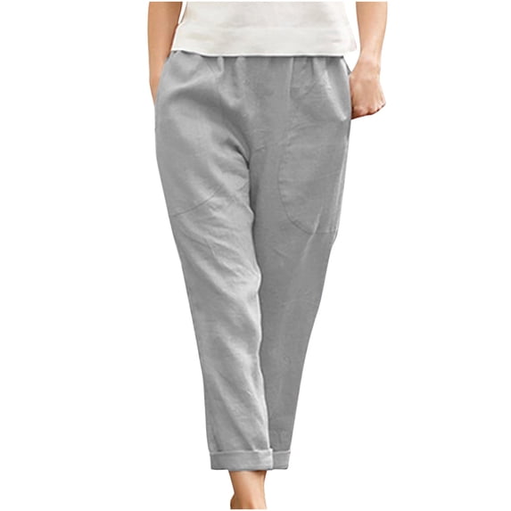 Womens Plus Size Cotton Linen Pants with Pockets Elastic Waist Wide Leg Loose Lounge Trousers Sweatpants S-5XL (Small, Gray)