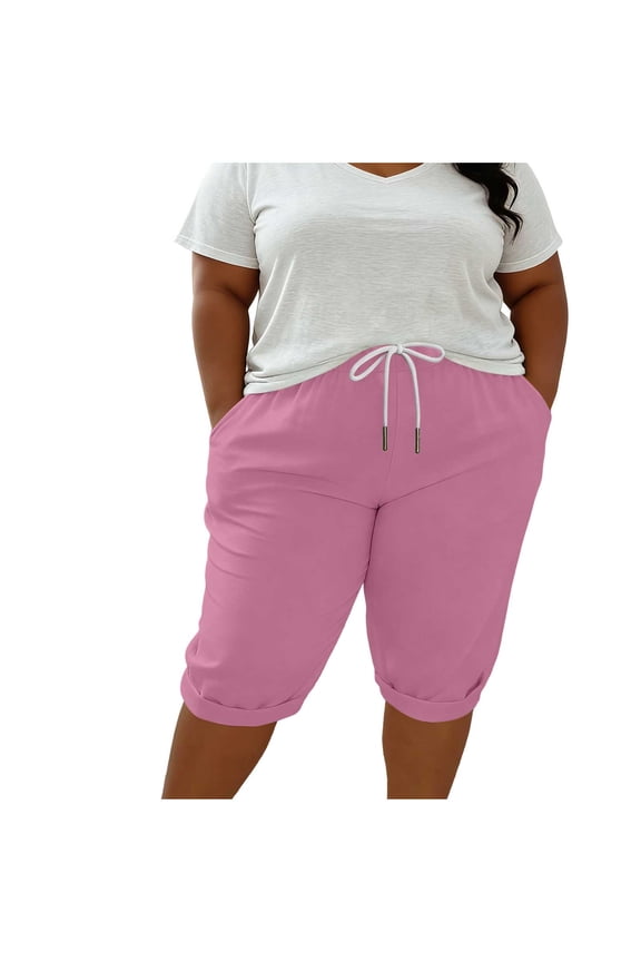 Womens Plus Size Cotton Shorts Elastic Waist Drawstring with Pockets Casual Comfy Workout Hot Pink L