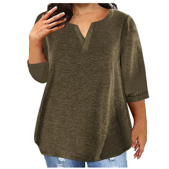 Womens Plus Size Cotton T Shirts 3/4 Sleeve Tshirts V Neck Loose Fit Spring Summer Solid Color Clothes (Coffee L)