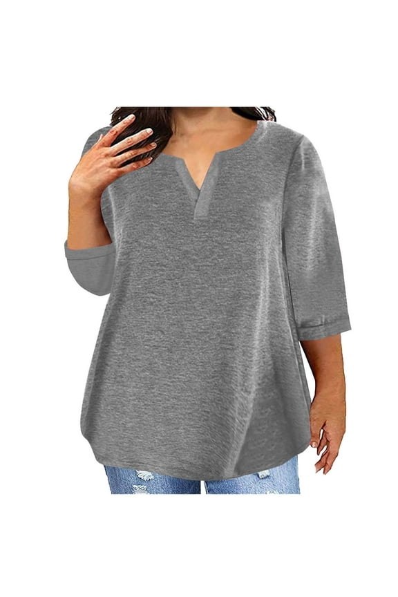 Womens Plus Size Cotton T Shirts 3/4 Sleeve Tshirts V Neck Loose Fit Spring Summer Solid Color Clothes (Gray XL)