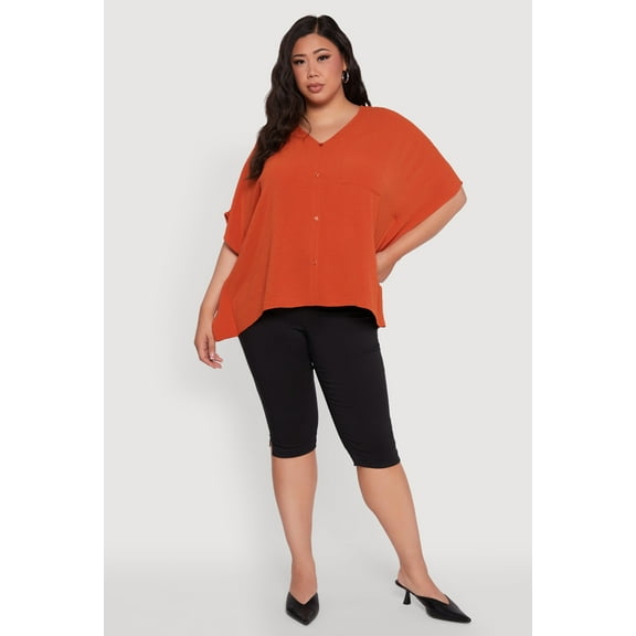 Womens Plus Size Crepe Knit Button Detail Dolman Sleeve Blouse