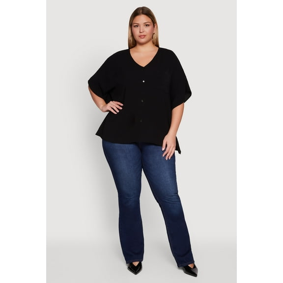 Womens Plus Size Crepe Knit Button Detail Dolman Sleeve Blouse