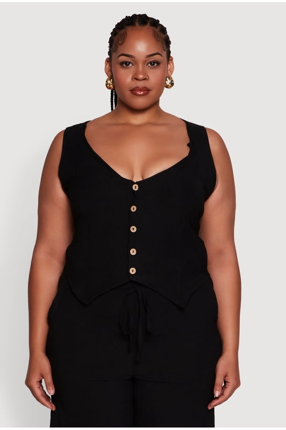 Womens Plus Size Crepe Knit Button Front Blazer Vest