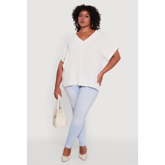 Womens Plus Size Crepe Knit Fixed Cuff Dolman Sleeve Blouse