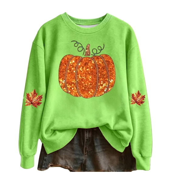 Womens Plus Size Crew Neck Halloween Sweatshirts Trendy Big Pumpkin Maple Leaf Printed Pullovers Causal Fall Long Sleeve Graphic Tops Green S