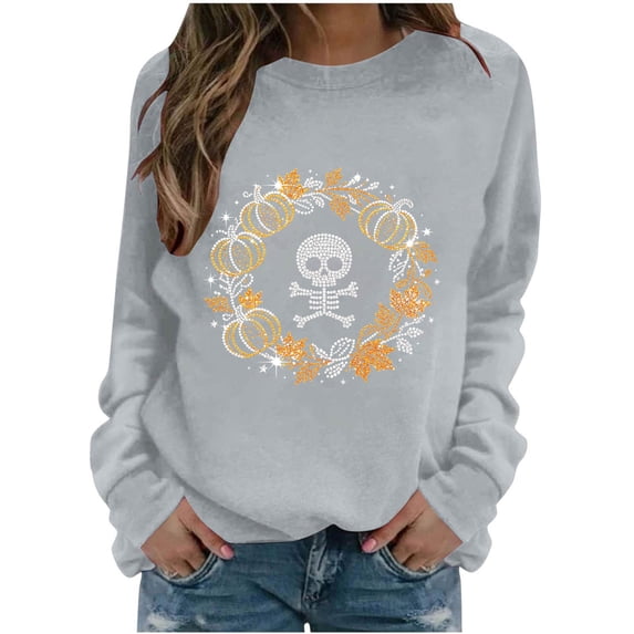 Womens Plus Size Crew Neck Halloween Sweatshirts Trendy Sequins Pumpkin Skull Fall Long Sleeve Graphic Tops Causal Loose Fit Tshirts Pullovers Light Gray XXL