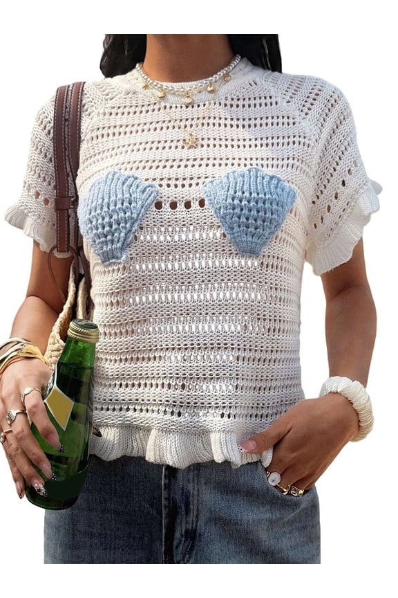 Womens Plus Size Crew Neck Shell Decor Hollow Out Knit Short Sleeve Ruffle Hem Top White XXL