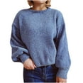 thumbnail image 1 of Womens Plus Size Crop Sweater Lantern Long Sleeve Round Neck Casual Loose Fitting Solid Color Knit Pullover Sweater,Blue,L, 1 of 5