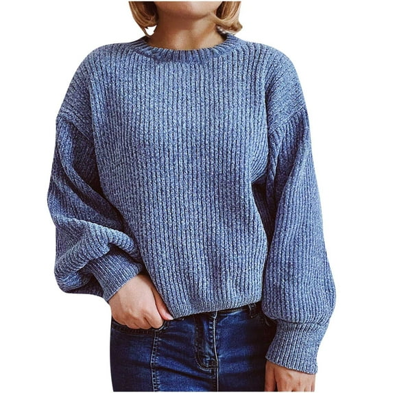 Womens Plus Size Crop Sweater Lantern Long Sleeve Round Neck Casual Loose Fitting Solid Color Knit Pullover Sweater,Blue,L