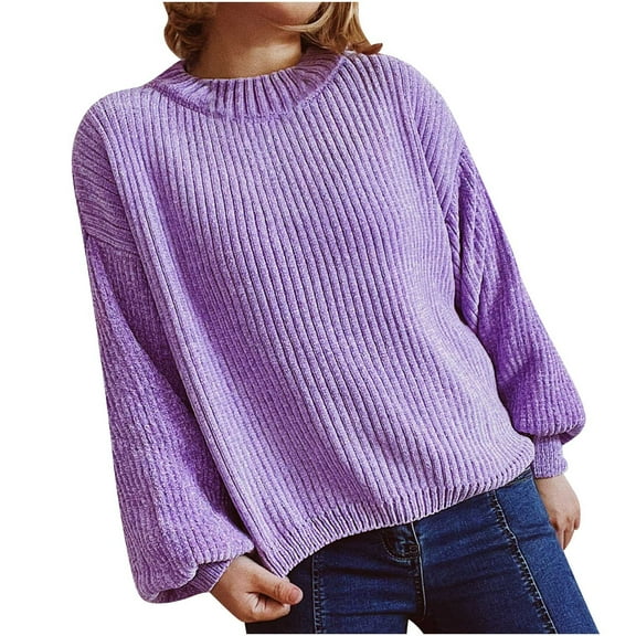 Womens Plus Size Crop Sweater Lantern Long Sleeve Round Neck Casual Loose Fitting Solid Color Knit Pullover Sweater,Purple,M