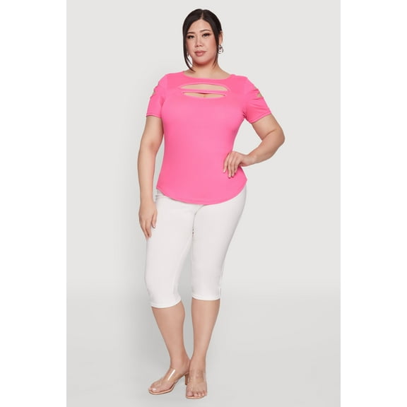 Womens Plus Size Cut Out Crew Neck Tee