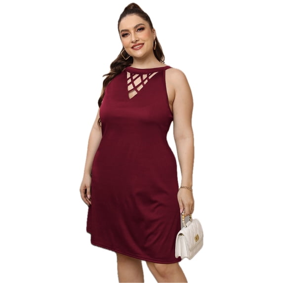 Womens Plus Size Cutout Round Neck Sleeveless Dress with Sheer Panel 95% Polyester and 5% Spandex Fabric Elegant Stretch
