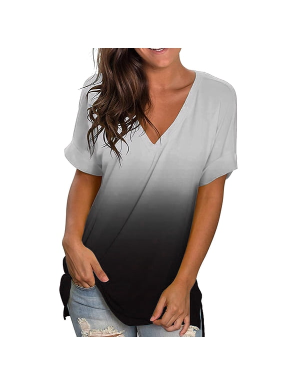 Womens Plus Size Daily Summer Spring Casual Gradient Printed Short Sleeve V Neck Tee T Shirt Loose Side Split Tunic Top, M, Black