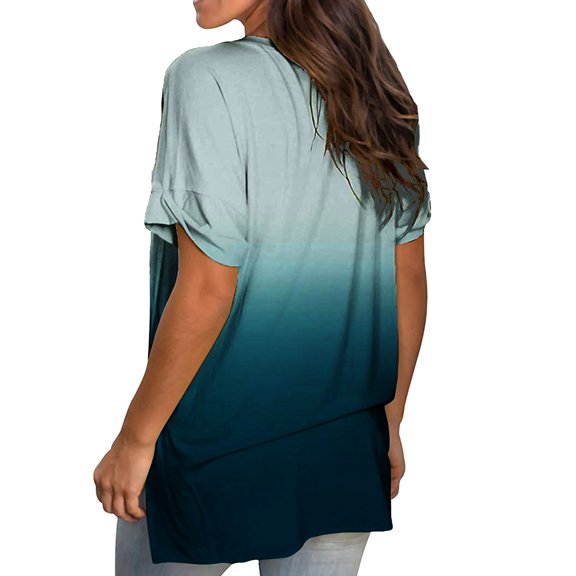 Womens Plus Size Daily Summer Spring Summer Casual Tops Gradient Printed Short Sleeve V Neck Tee T Shirt Printed Loose Side Split Tunic Womens Polyester Shirts Germinate Long T Shirt Summer Tops Long