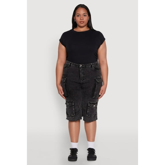Womens Plus Size Daisy Acid Wash Cargo Bermuda Shorts