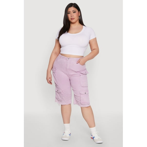 Womens Plus Size Daisy Acid Wash Cargo Bermuda Shorts