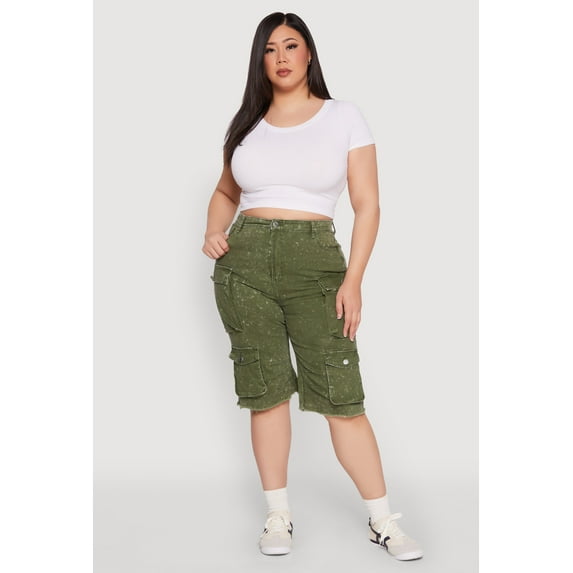 Womens Plus Size Daisy Acid Wash Cargo Bermuda Shorts