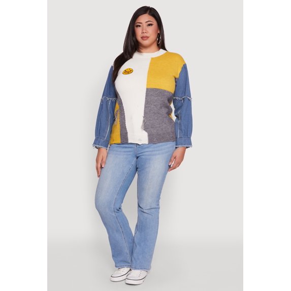 Womens Plus Size Daisy Color Blocked Denim Sleeve Sweater