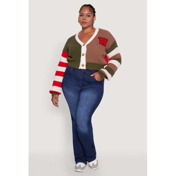 Womens Plus Size Daisy Color Blocked Striped W Initial Cardigan