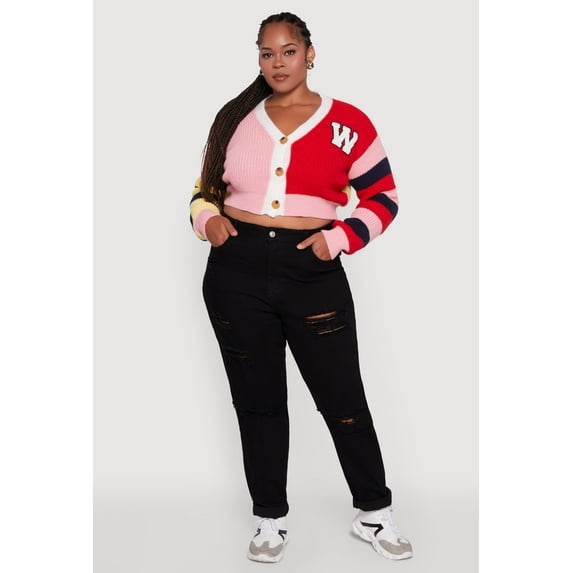 Womens Plus Size Daisy Color Blocked Striped W Initial Cardigan