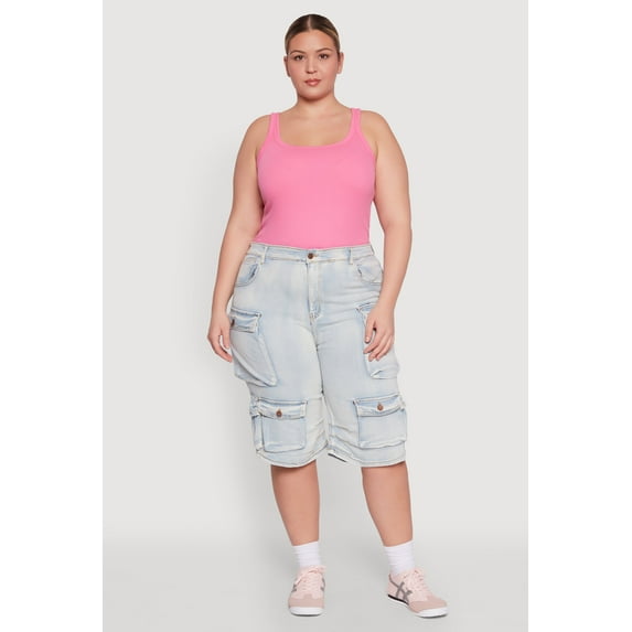 Womens Plus Size Daisy Denim Cargo Pocket Bermuda Shorts