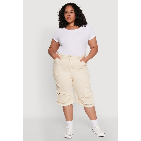 Womens Plus Size Daisy Frayed Hem Denim Cargo Shorts