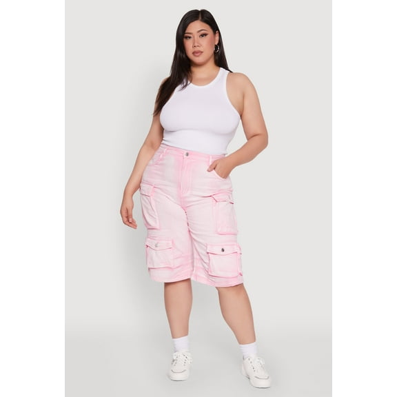 Womens Plus Size Daisy High Waisted Acid Wash Cargo Denim Shorts