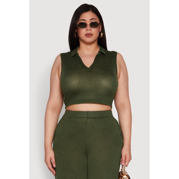 Womens Plus Size Daisy Sleeveless Cropped Polo Top