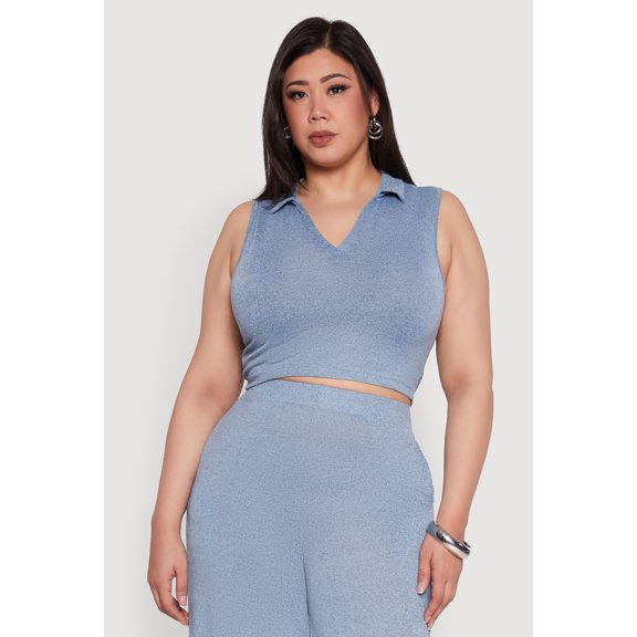 Womens Plus Size Daisy Sleeveless Cropped Polo Top