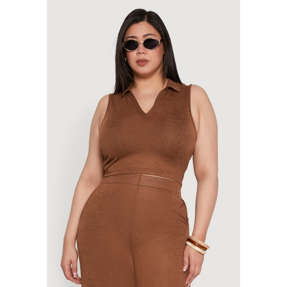 Womens Plus Size Daisy Sleeveless Cropped Polo Top