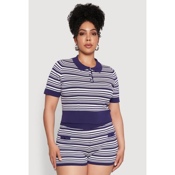 Womens Plus Size Daisy Striped Cropped Polo Shirt