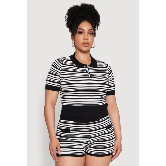 Womens Plus Size Daisy Striped Cropped Polo Shirt