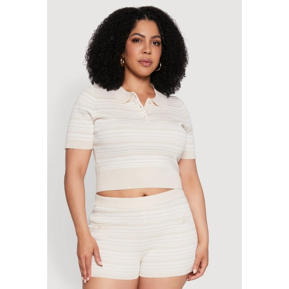 Womens Plus Size Daisy Striped Cropped Polo Shirt