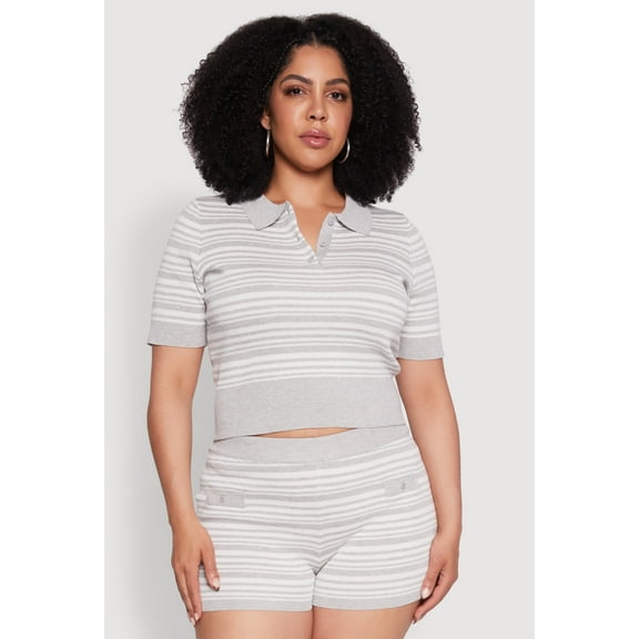 Womens Plus Size Daisy Striped Cropped Polo Shirt