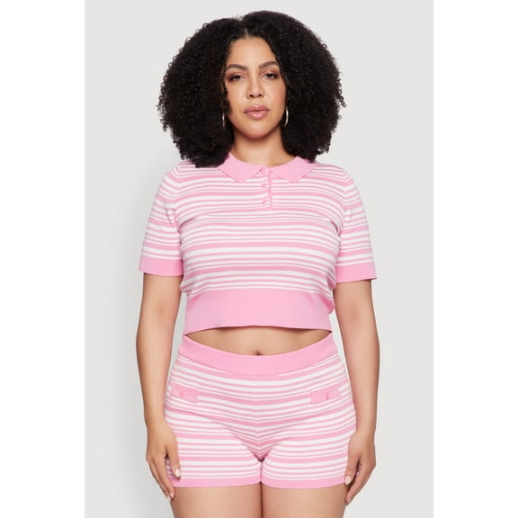 Womens Plus Size Daisy Striped Cropped Polo Shirt