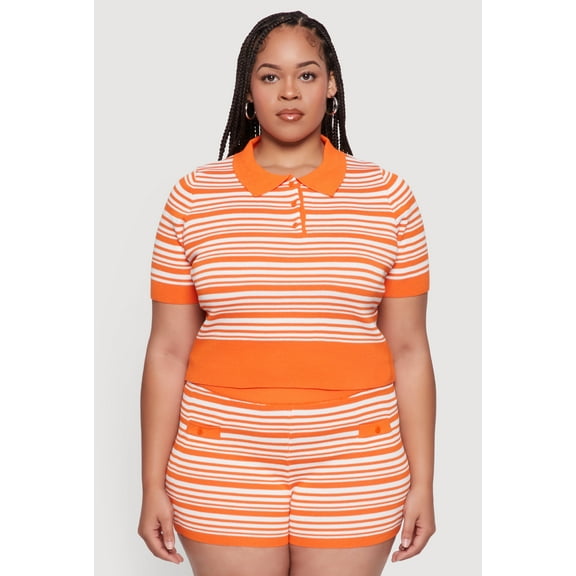Womens Plus Size Daisy Striped Cropped Polo Shirt