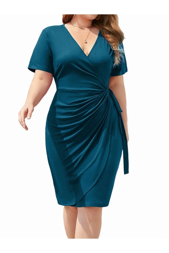 Womens Plus Size Deep V Neck Short Sleeve Sheath Casual Cocktail Party Work Faux Wrap Dress Sea Blue XXL
