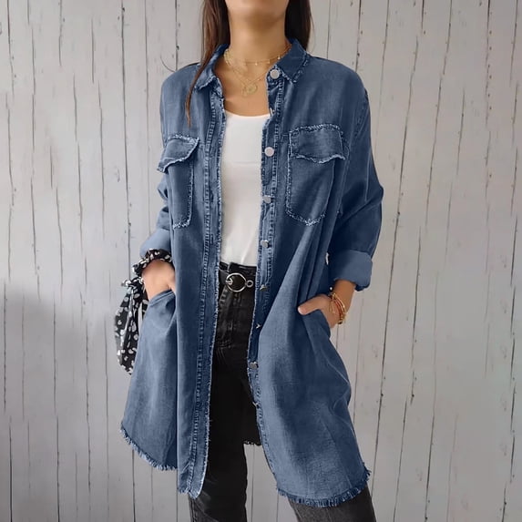 Womens Plus Size Denim Jackets S-5X with Pockets Button Up Collared Shackets Coats Casual Solid Knee Length Loose Outerwear Jean Jacket
