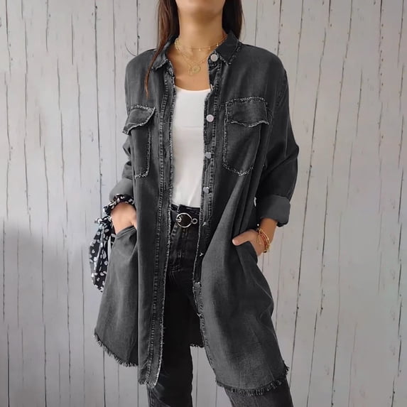 Womens Plus Size Denim Jackets S-5X with Pockets Button Up Collared Shackets Coats Casual Solid Knee Length Loose Outerwear Jean Jacket