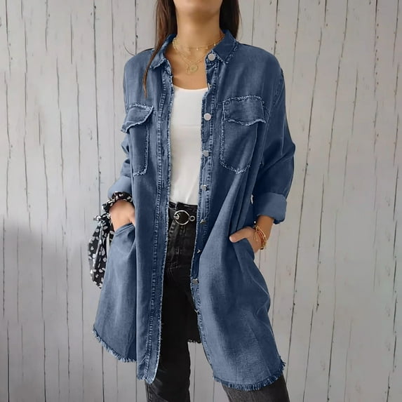 Womens Plus Size Denim Jackets S-5X with Pockets Button Up Collared Shackets Coats Casual Solid Knee Length Loose Outerwear Jean Jacket Clearance