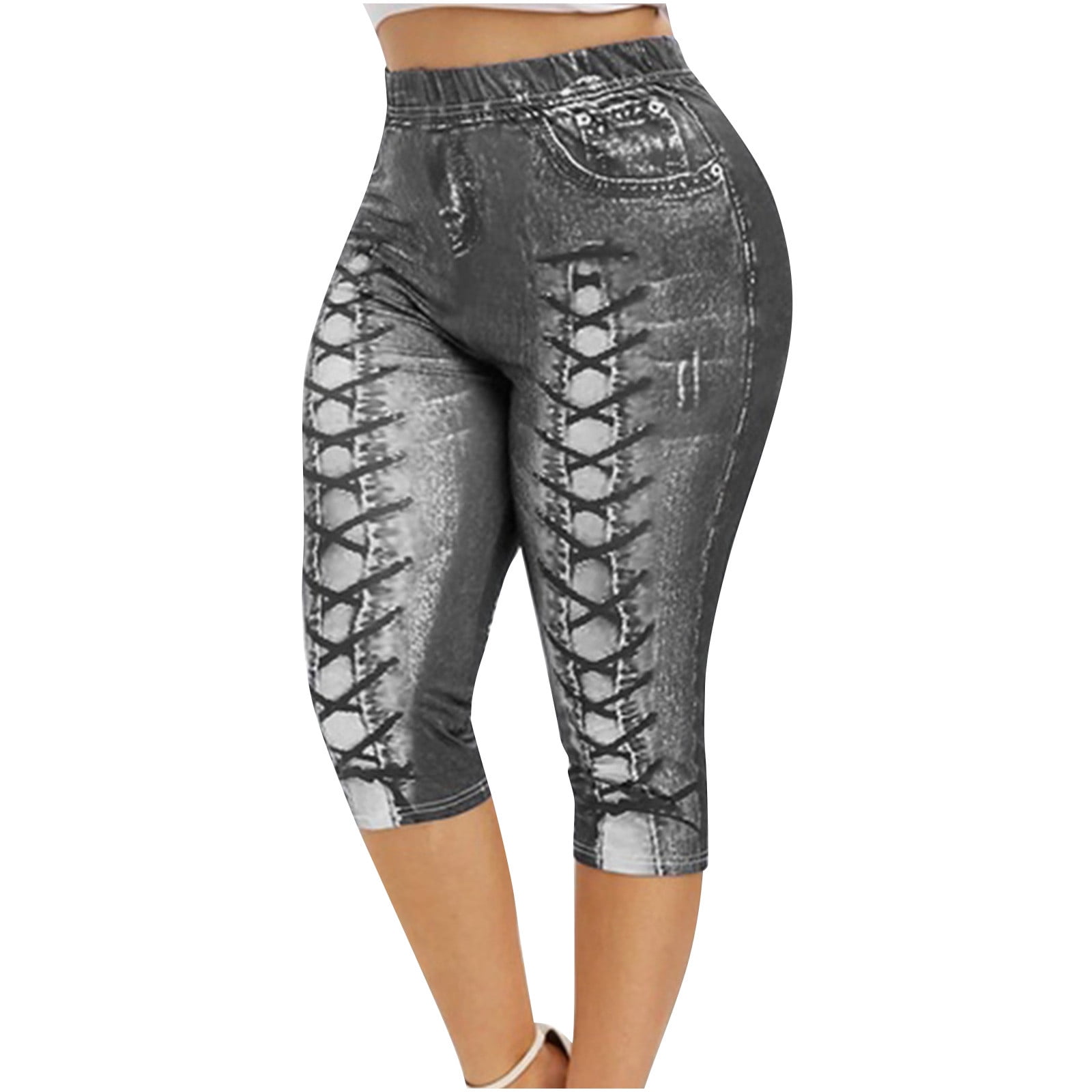 Womens Plus Size Denim Leggings Stretch Skinny Cropped Pants Elastic ...