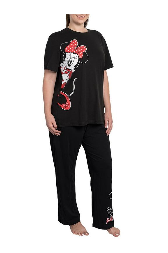 Womens Plus Size Disney Minnie Mouse Leaning Pajama Lounge Wear Black 2 Pc Set