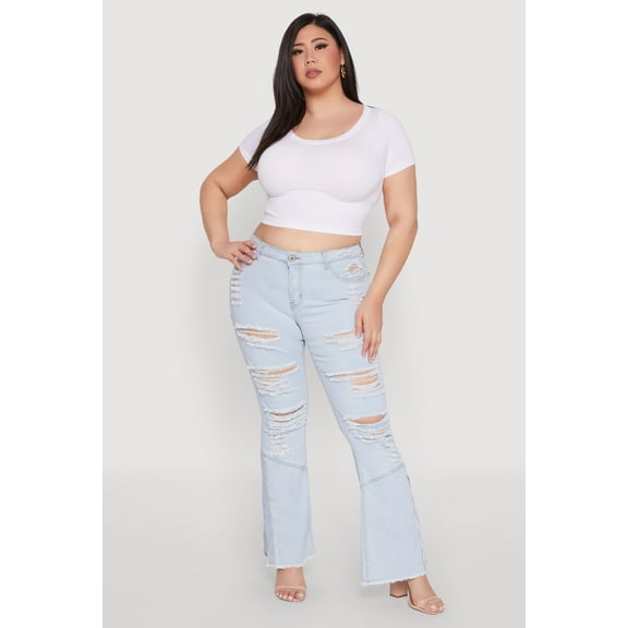 Womens Plus Size Distressed Flared Jeans