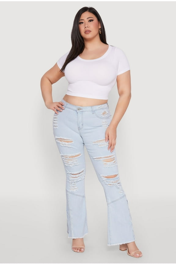Womens Plus Size Distressed Flared Jeans