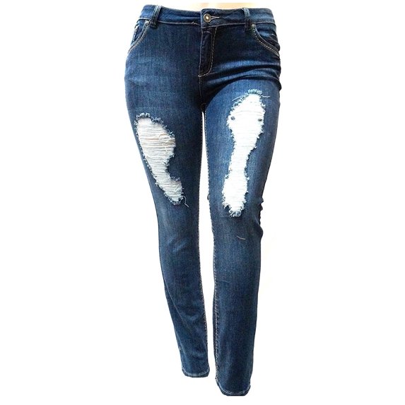 Womens Plus Size Distressed Ripped Destroy Blue Denim Jeans Skinny Pants