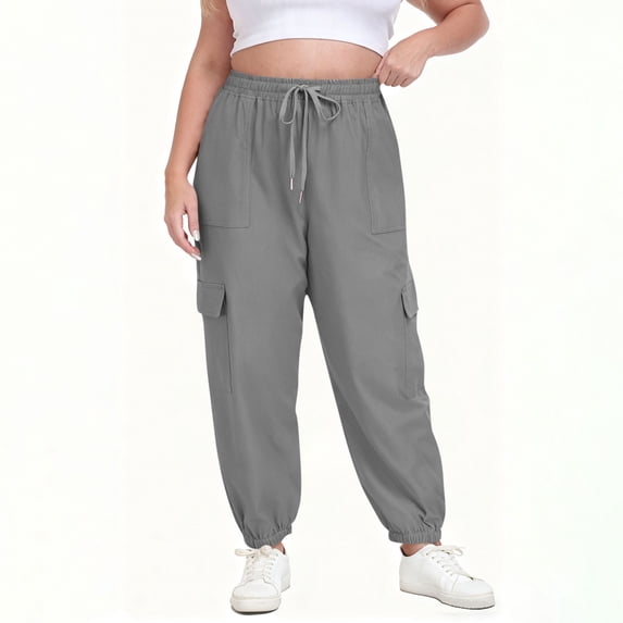 Womens Plus Size Drawstring Elastic Waist Sweatpants Solid Color With Pockets Soft Comfy Fabric Casual Loungewear Athletic Daily Office Weekend Ladies Wear Gray XXL