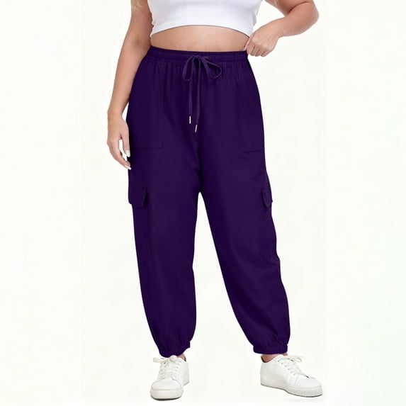 Womens Plus Size Drawstring Elastic Waist Sweatpants Solid Color With Pockets Soft Comfy Fabric Casual Loungewear Athletic Daily Office Weekend Ladies Wear Purple XXL